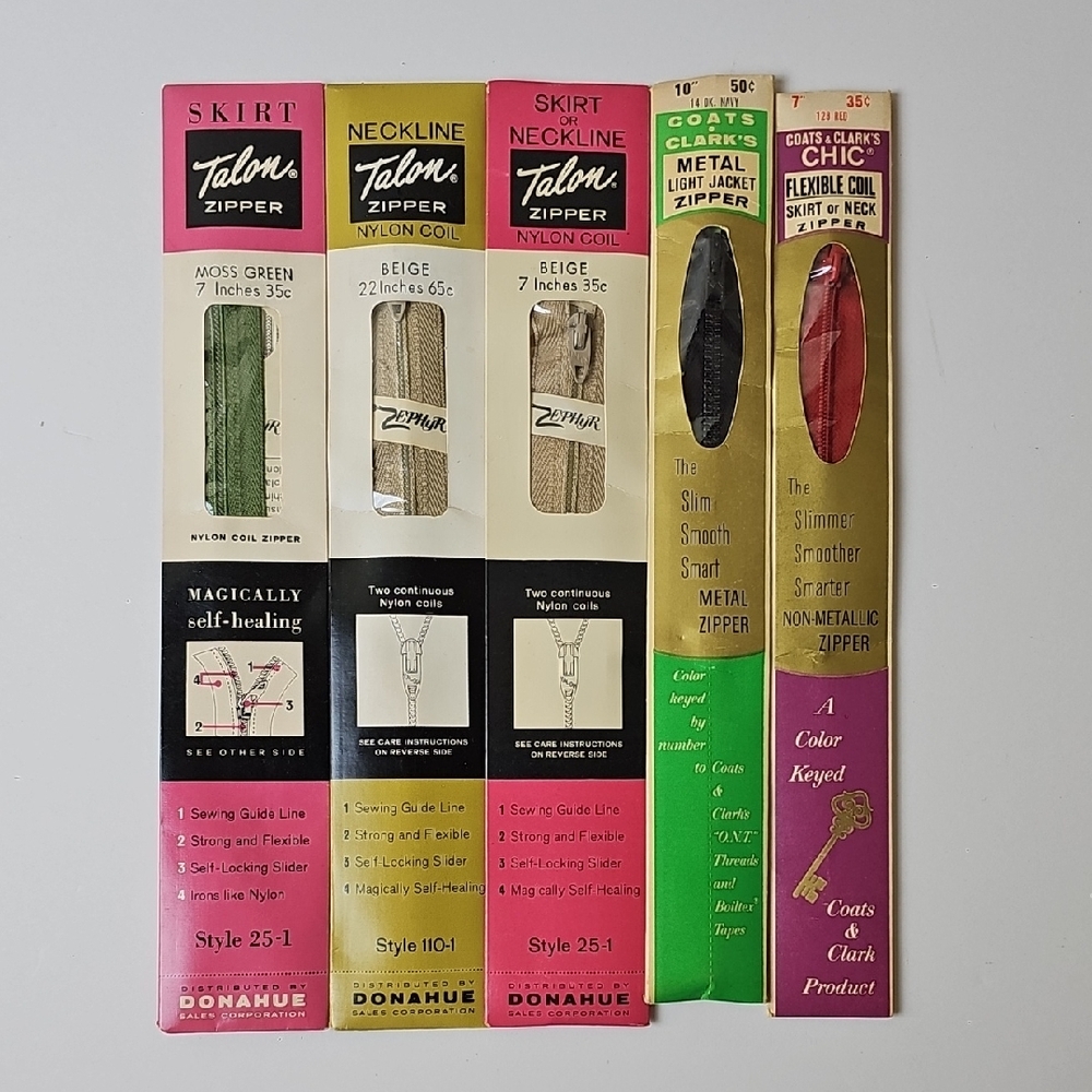 Lot Of 5 Vintage Zippers Talon & Others 7", 10" 22" Multi Colored. New Old Stock